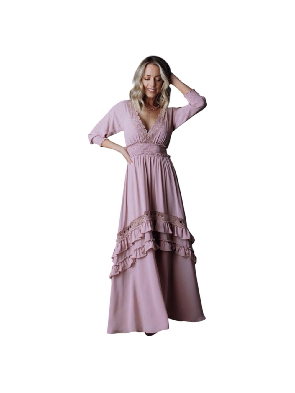 Baltic Born Women’s Large Dusty Blush Lace Ruffle Boho Maxi Dress L